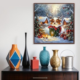 Christmas Elk House Diamond Painting Kits for Adults, 5D Winter Diamond Art Kits for Adults Beginners, DIY Full Round Drill Diamond Dot Painting Gem Art Kits for Adult, Home Wall Decor 13.8x13.8 Inch