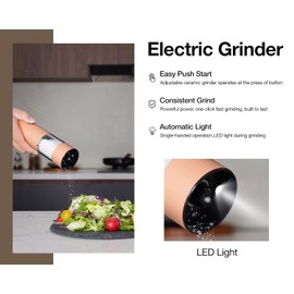 Electric Pepper Grinder and Salt Mill Set - Large Capacity USB Rechargeable Automatic Grinder with Dual LED Lights, One-Handed Operation & Slide Cover - Brushed Stainless Steel