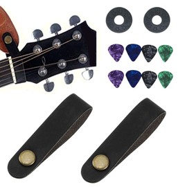 2 Pieces Guitar Leather Headstock Tie Strap Hook with Retro Metal Button Accessories with Strap Button Headstock Adaptor, 8 Guitar Picks for Acoustic Electric Guitars Ukulele and Banjo Black