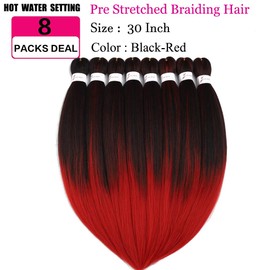 Pre stretched Braiding Hair 30 Inch 8 Packs Professional Hair Extensions Synthetic Braid Hair Crochet Braids Soft Yaki Texture Hot Water Setting(30",mixed black & red)