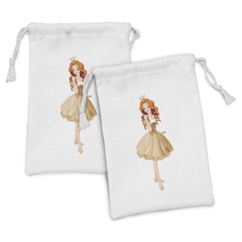 Lunarable Cartoon Fabric Pouch Set of 2, Young Cartoon in Golden Yellow Dress Gown Wavy Orange Hair and Tiara, Small Drawstring Bag for Toiletries Masks and Favors, 9" x 6", Orange Pale Brown Tan