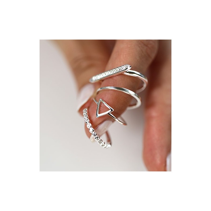 Sterling Silver Triangle & Bar Geometric CZ Stacking Rings Set