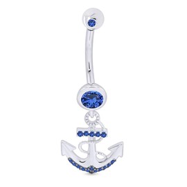 Round Shape Simulated Blue Sapphire Anchor Dock Belly Navel Ring in 14K White Gold Over Sterling Sliver