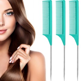 Leinuosen 3 Packs Rat Tail Comb Steel Pin Rat Tail Carbon Fiber Heat Resistant Teasing Combs with Stainless Steel Pintail ()