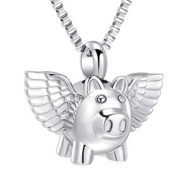 XSMZB Flying Pig Cremation Jewelry for Ashes Cute Pig Urn Necklace for Pet/Human Funeral Keepsake Pendant Hold Ashes (Silver)