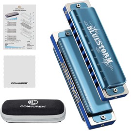 CONJURER Blues Harmonica for Beginners Adult 10 Hole Diatonic Harmonica in D Key Phosphor Bronze Reeds Brass Deluxe Mouth Organ Blues Harp with Case, Key of D Blue