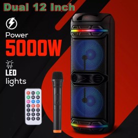 Dual 12" Woofer 5000W Bluetooth Speaker Rechargeable For Party FM Karaok DJ AUX