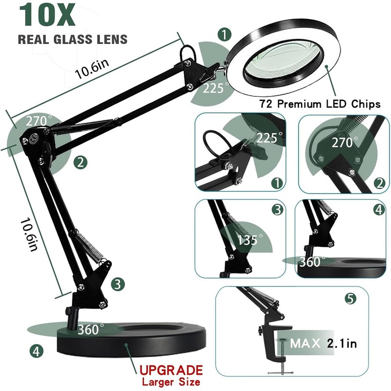 Magnifying Glass with Light and Stand, 10X Magnifying Lamp, 2-in-1