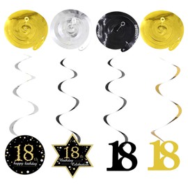 Birthday Party Hanging Swirls Decorations, 16PCS Shiny Black and Gold Swirls Streamers Ceiling Decor for Birthday Decorations Anniversary Celebration Party Women Men (Black Gold 18th)