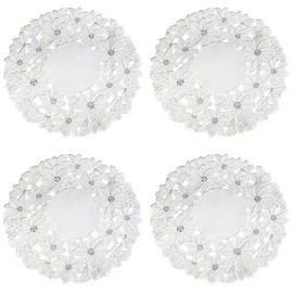 Set of 4,Holiday White Embroidered Christmas Flower Placemats for Wedding Home Dinner Christmas Table Top Decorations,Round14inch（36cm）