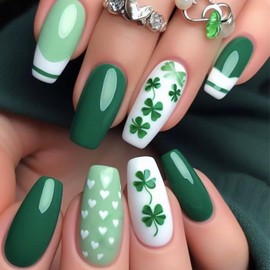 St. Patrick's Day Press on Nails Medium Coffin Fake Nails with Shamrock Heart Designs White French Tip False Nails Green Full Cover Stick on Nails Acrylic Artificial Nails for Women Glue on Nails