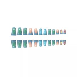 Duck Nail Tips Medium Length Press on Nails Square Fake Nails Blue RIICFDD French False Nails Rhinestone Nail Charms Wide Duckbill Designs Full Cover Summer Acrylic Nails for Women 24 Pcs