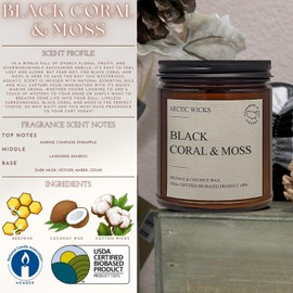 Black Coral & Moss | Arctic Wicks Handmade Scented Coconut Beeswax Candles | Natural Coconut Beeswax 9oz Amber Jar | Farmhouse Candles Wax Non-Toxic Clean Burn 100% USDA Certified Biobased