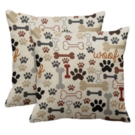 Emvency Set of 2 Decorative Throw Pillow Cover King Size 16x16 Inches Dog Bones and Paw Prints Pillowcase with Hidden Zipper Decor Cushion Gift for Home Sofa Bedroom Couch Car