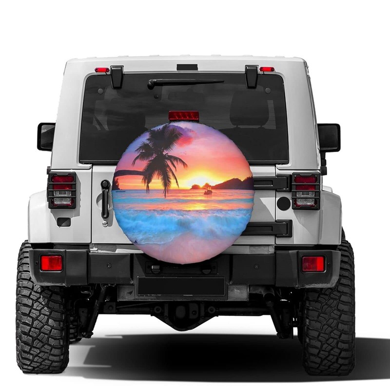 KiuLoam Ocean Sunrise Tropical Palm Tree Spare Tire Cover Polyester