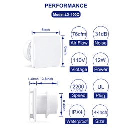 LouanXpert 4 Inch Exhaust Fan, 76CFM White Bathroom Wall Exhaust Fan, Kitchen Exhaust Fan with Anti-backflow Check Valve, 3.3Ft US Cord for Kitchen, Greenhouse, Garage