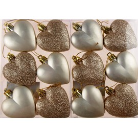 Set Of 12 Glitter Love Hearts Christmas Tree Baubles Decorations - Champagne