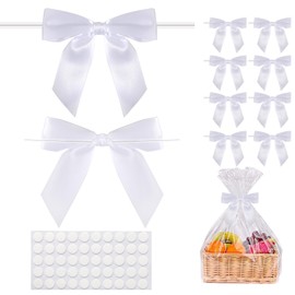 50Pcs White Twist Tie Bows, 3.5'' Pre-Tied Satin Ribbon Small White Bows for Gift Wrapping Treat Bags Crafts, Mini White Bow Garland for Wedding Birthday Party Bridal Shower Christmas