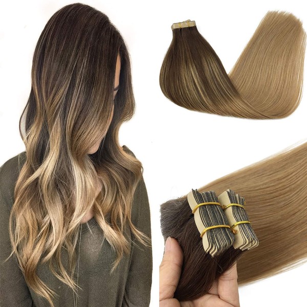 GOO GOO Tape in Hair Extensions Human Hair 24 Inch Ombre Chocolate Brown to Dirty Blonde Tape in Human Hair Extensions 20pcs 50g Remy Human Hair Extensions for Women