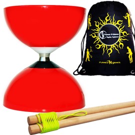 Juggle Dream CAROUSEL Diabolo Ball Bearing + Wooden Diabolo Handsticks, Diablo String + Diabolos Travel Bag. (Red Diabolo + Wooden Sticks)