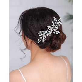 Deniferymakeup Silver Leaf Bridal Hair Comb Crystal Wedding Hair Clip Opal Rhinestone Wedding Hair Accessories for Women and Girls