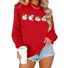 UYIQL Christmas Sweatshirt for Women Retro Santa Claus Graphic Pullover Long Sleeve Christmas Holiday Party Shirts Red L