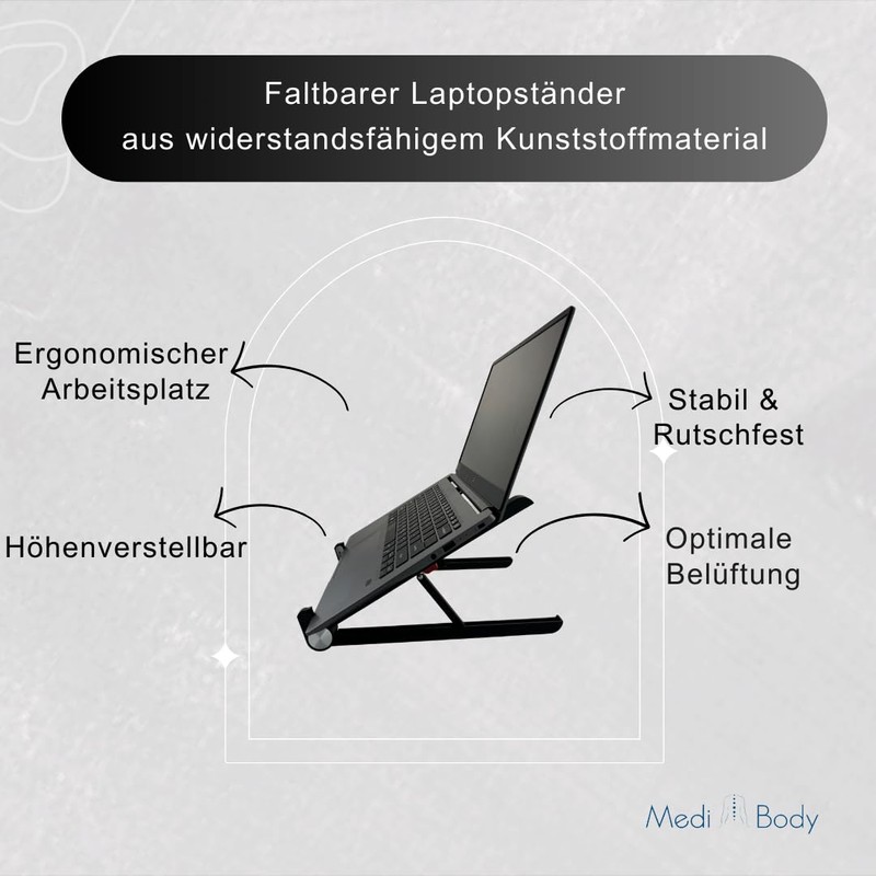 Medi Body Laptop Stand Height Adjustable, Black, Foldable, Non-Slip, Notebook