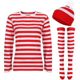 Haysandy Conjuntos de Traje para Fiesta Navideña, Camisa a Rayas, Sombrero a Rayas, Media, Conjunto de Disfraz de Halloween para Mujer (Rojo y Blanco,M)