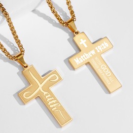 Gnamy Faith Cross Necklace for Men Male Him Teen Teenage Teenager Boys Kids, Stainless Steel Cross Pendant Chain Jewelry, Bible Verse Inspirational Christian Religious Gifts, Gold Matthew 19:26