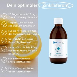 Liposomal Zinc + Vitamin C, High Dose, for Your Immune System, Daily Dose 15 mg Zinc, High Bioavailability, Liquid, Free from Additives, Vegan