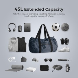 pack all 45L Foldable Duffel Bag, Water-Resistant Sports Gym Bag, Portable Weekender Bag Lightweight for Travel, Fitness and Camping (Navy Blue)