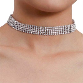TseenYi Rhinestone Choker Necklace Layering Tennis Chain Necklace Silver Wide Rhinestone Necklace Multilayer Short Shiny Necklace Jewelry for Women and Girls