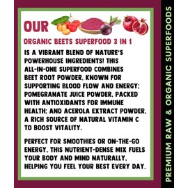 Cherie Sweet Heart USDA Organic Beets Superfood Powder, 3-in-1 Nitric Oxide, Support Healthy Blood Pressure and Blood Circulation, 283g (10 oz, Beets Superfood)