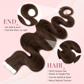 SEGOHAIR Wavy Tape In Hair Extensions Real Human Hair with Double-Sided Adhesive Professional Hair Extensions for Women 20pcs Body Wave 16 Inches Medium Brown