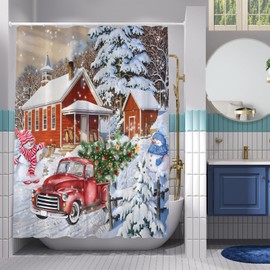 Gaakvrr Merry Christmas Red Vintage Truck Shower Curtain Tree Winter Snow Snowman Rustic Retro Farmhouse Bathroom Decor 200x180cm