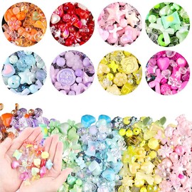 Calkkrer Pack of 200 Multi-coloured Acrylic Beads, Various Shapes such as Flowers, Butterflies, Hearts, Stars for Jewellery Making, DIY Bracelets, Key Chains