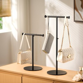 niffgaff 2 Pack T Bar Purse Display Stand Tabletop: Adjustable Height Handbag Holder, Countertop Hanging Rack for Long Necklace Scarf Lanyard, Black