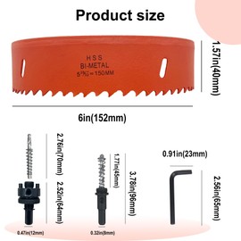 6 Inch Hole Saw with Arbor for Metal Wood and Plastic Cutting, 152mm Bi-Metal Hole Cutter for Different Project with Smooth and Flat Drilling Edge, Fast Chip Removal, Handy Hole Saw Kit