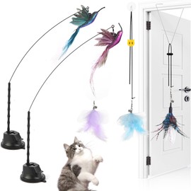 Kojude 4-in-1 Interactive Cat Wand Feather Toys,Wand Self-Holding Suction Cups Base,Include Detachable 2 Simulation Bird Toy and 3 Feathers Toys,2 Types Hanging Door Kitten Toy