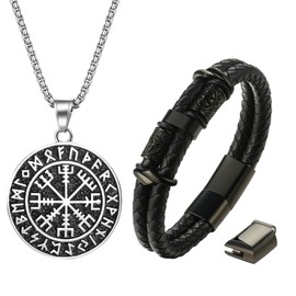 Aroncent Viking Celtic Jewellery Set: Men's Stainless Steel Layered Leather Bracelet Viking Celtic Nordic Pendants Necklace Jewellery Silver Black, Stainless Steel, No Gemstone