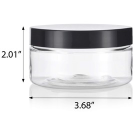 JUVITUS 8 oz Clear Plastic Low Profile Jar with Black Smooth Lids (12 Pack)