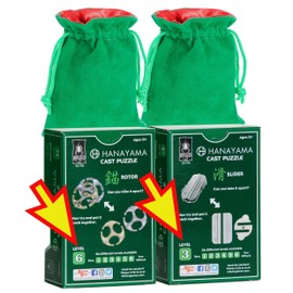 Slider & Rotor Hanayama Brain Teaser Puzzles, con bolsas de cordón de terciopelo verde y satén rojo, artículos en paquete