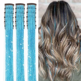 18pcs Hair Tinsel Clip in Hair Tinsel Kit Glitter Tinsel Hair Extensions 20Inch Sparkling Fairy Hair Tinsel Shiny Hair Accessories for Women Girls Kids (Sky blue)