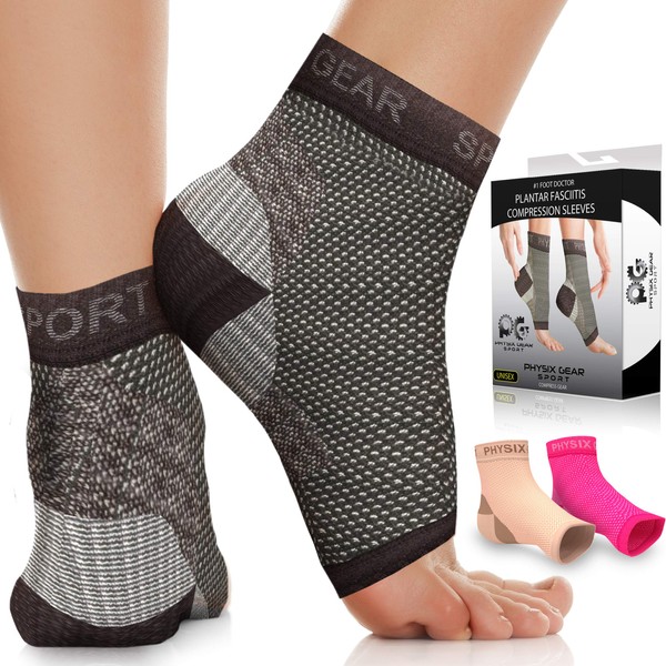 Physix Gear Sport Plantar Fasciitis Socks with Arch Support for Men & Women - Ankle Compression Sleeve, Toeless Compression Socks Foot Pain Relief, Ankle Swelling - Better than Night Splint, Black XXL