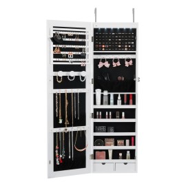 R&D Hardware 47.05in Lockable Mirror Jewelry Cabinet – Wall or Door Mounted Armoire in White - 14.5x47.2 inch