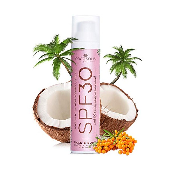 Improved Formula! COCOSOLIS Natural Sunscreen Lotion SPF 30 | Effective UVA and UVB protection | Nourished & Hydrated Skin | For Face & Body | Mineral Sun Block Cream | 100% Natural Ingredients