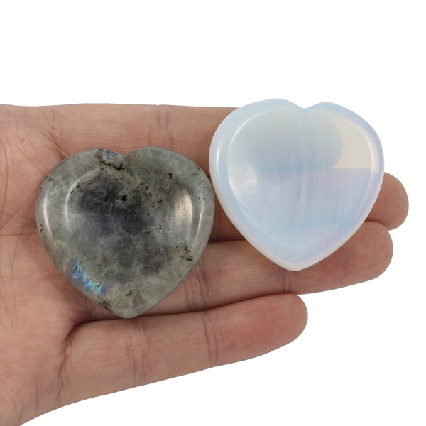 Loveliome 2 Pcs Heart Worry Stones Anxiety Thumb Palm Pocket Stones, Positive Energy Meditation Chakra Healing Crystal, Moonstone w Opalite