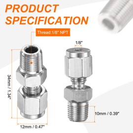 sourcing map 2pcs Compression Fitting 1/8" Tube OD x 1/8" NPT Male Thread Stainless Steel Straight Coupler Adapter Compression Tube Pipe Fitting Connector for Oil Gas Water