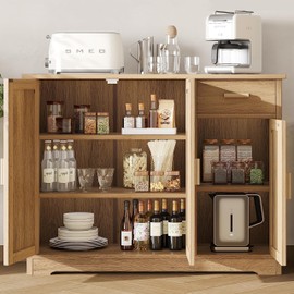 Irontar Kitchen Storage Cabinet, Sideboard Buffet Cabinet with Rattan Decorated Doors, Farmhouse Console Table with Drawer, Coffee Bar, Accent Table for Kitchen, Living Room, Hallway, Natural CWG010M