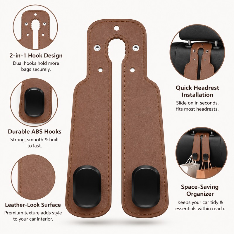 2-in-1 Car Headrest Hook for Bags – Compact Seat-Back Organizer